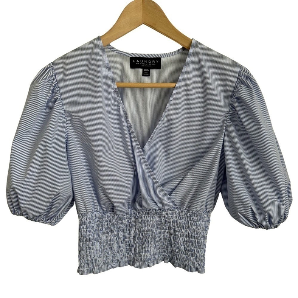 LAUNDRY BY SHELLI SEGAL Striped Puff Sleeve Top Blue and White EUC